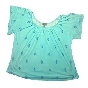Style & Co 3X Turquoise Paisley Peasant Top Boho Off Shoulder Shirred Neck Y2K